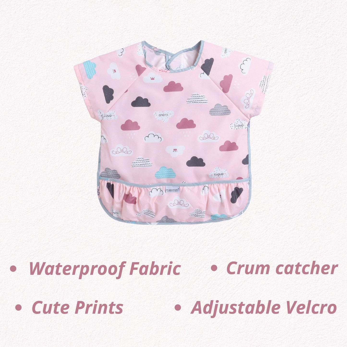 POLKA TOTS Half Sleeve Baby Bibs for Toddlers Feeding Apron with Pocket Washable/Reusable Baby Drooling Apron (6-24 Months) (Cloud Design)