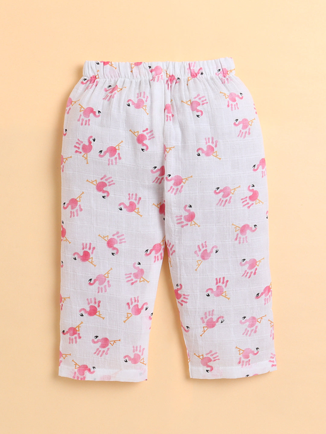 Polka Tots Soft Muslin Cotton Full sleeves Flamingo Fingers print Jhabla and Pant Set - White & Pink