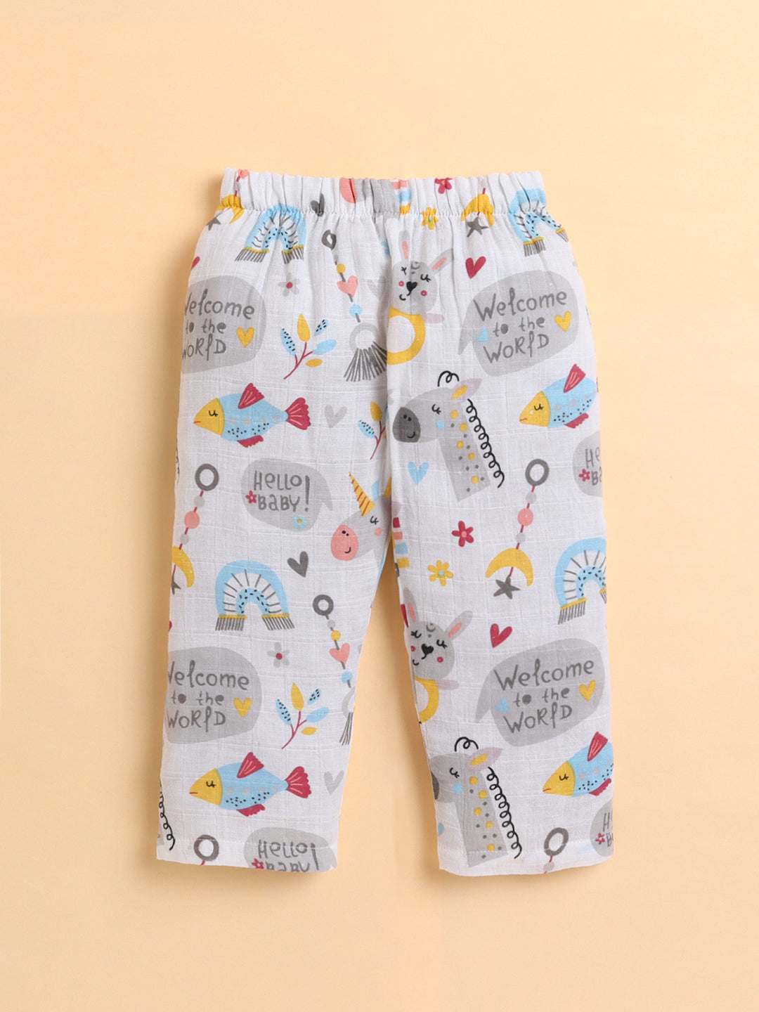 Polka Tots Soft Muslin Cotton Full sleeves Hello Baby print Jhabla and Pant Set - Multicolor