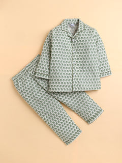 Polka Tots Full sleeve Elephant Print Night suit - Green