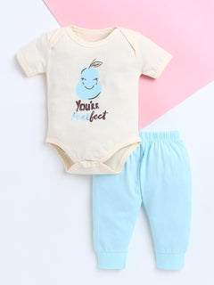 Polka Tots Baby Onesie Newborn Outfit Set – Soft Cotton Pear Print Half Sleeves Onesie with Leggings (Yellow & Blue)