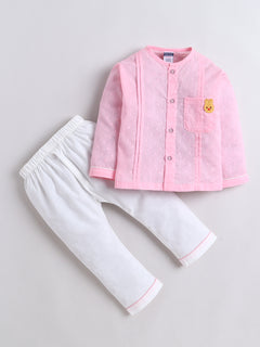 Polka Tots Full-Sleeves Bunny Patch Pocket Jhabla and Pant Set- Pink