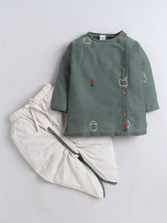 Polka Tots Full Sleeve Sheep Embroidery Angrakha Top With Dhoti - Green
