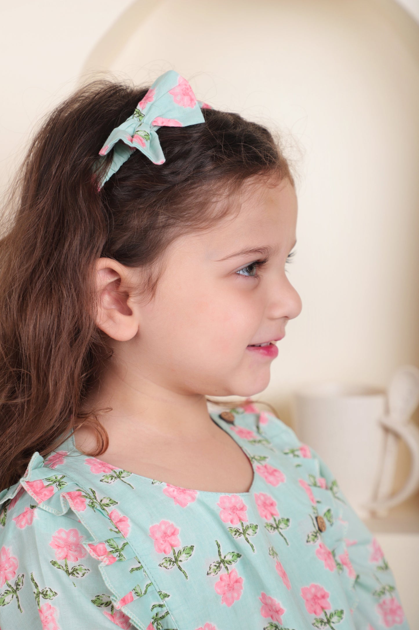 Polka Tots Full sleeve Floral print Frock with Headband - Aqua