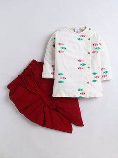 Polka Tots Full Sleeve Fish Embroidery Angrakha Top With Dhoti - Off White