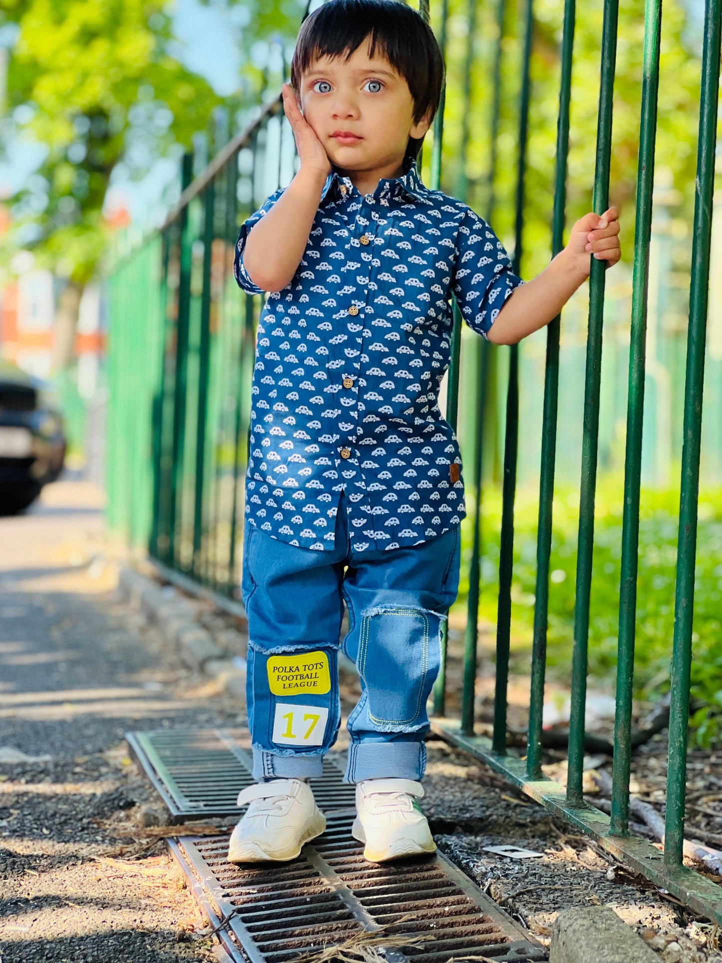 Polka Tots Half Sleeves Car Print Shirt - Blue