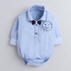 Polka Tots Full Sleeve Smile print Onesie with bow tie - Blue