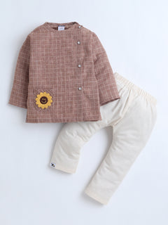 Polka Tots Full-Sleeves Sunflower Patch Pocket Jhabla & Pant Set - Brown