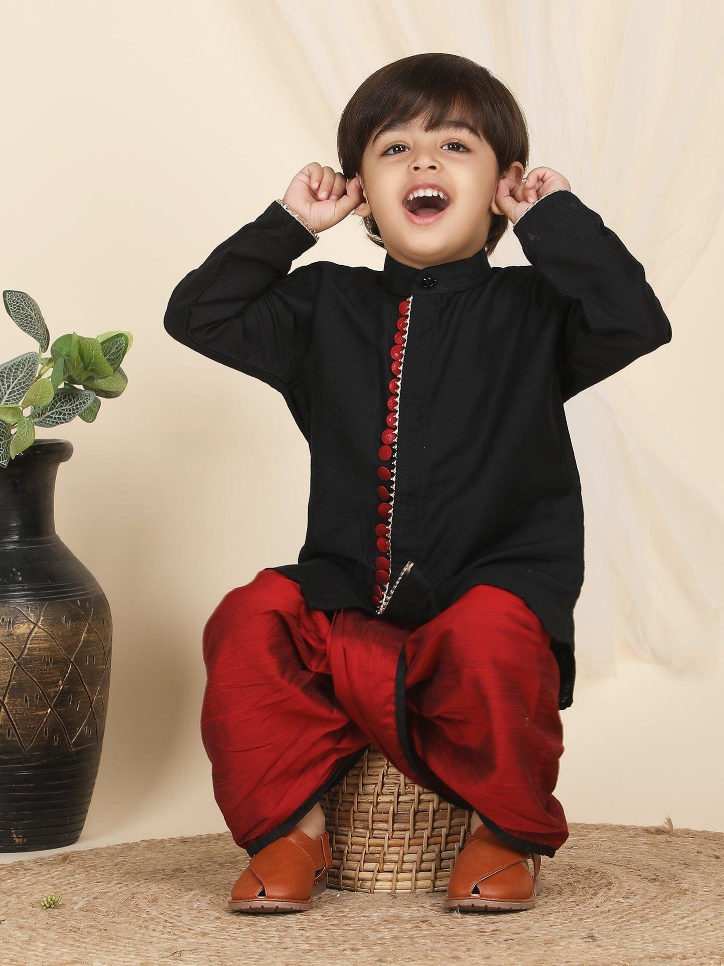 Polka Tots Full Sleeve Angrakha With Dhoti - Black