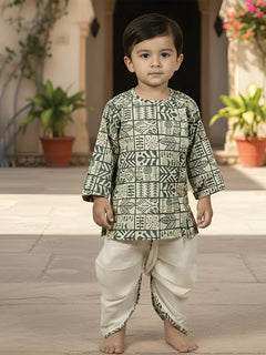 Polka Tots 100% Super Soft Cotton Full Sleeve Geometric Print Angrakha Top With Dhoti - Cream & Grey