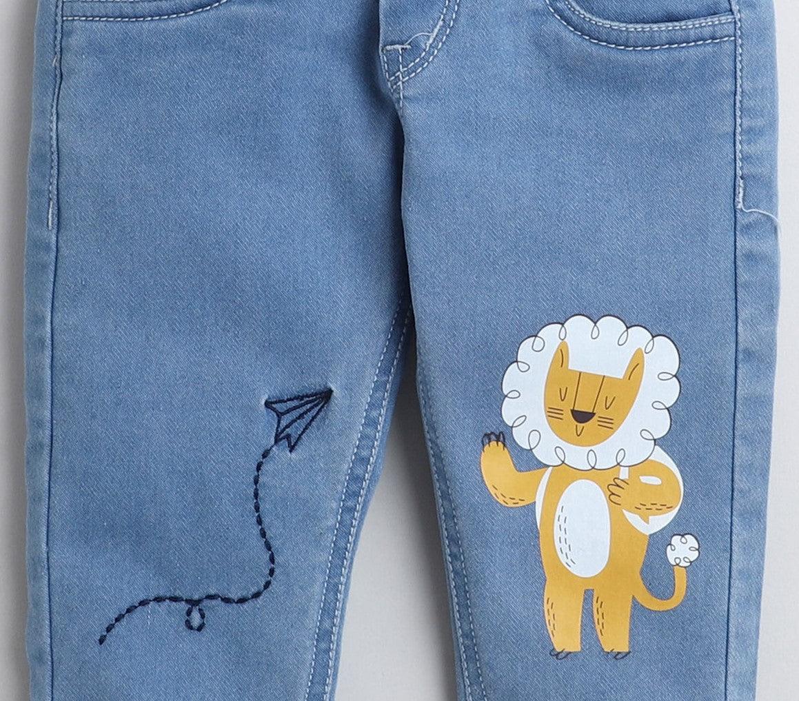 Polka Tots Denim Jeans with lion print arrow embroidery - Blue