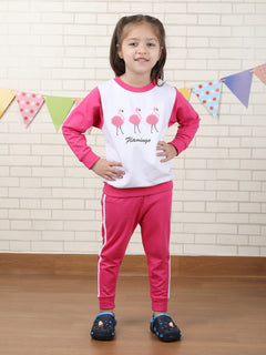 Polka Tots Full sleeve Flamingo print Co-ord Set - White & Pink