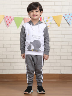 Polka Tots Full Sleeve Elephant print Hoodie Co-ord set - White