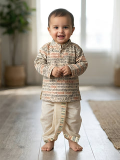 Polka Tots Full Sleeves Sanskrit Writing Print Kurta with Dhoti Set - Cream