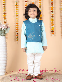 Polka Tots Full sleeves Birds Embroidery Koti Kurta Pyjama - Blue