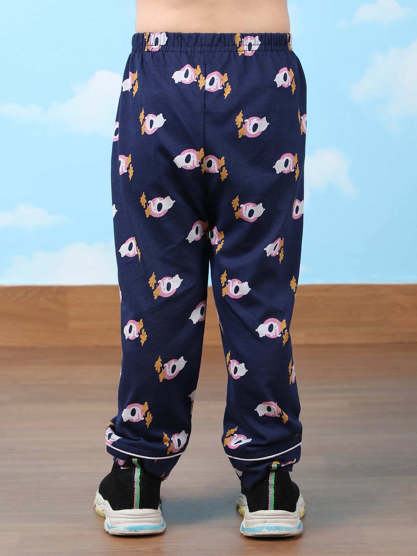 Polka Tots Full sleeve Elephant print Night suit - Navy