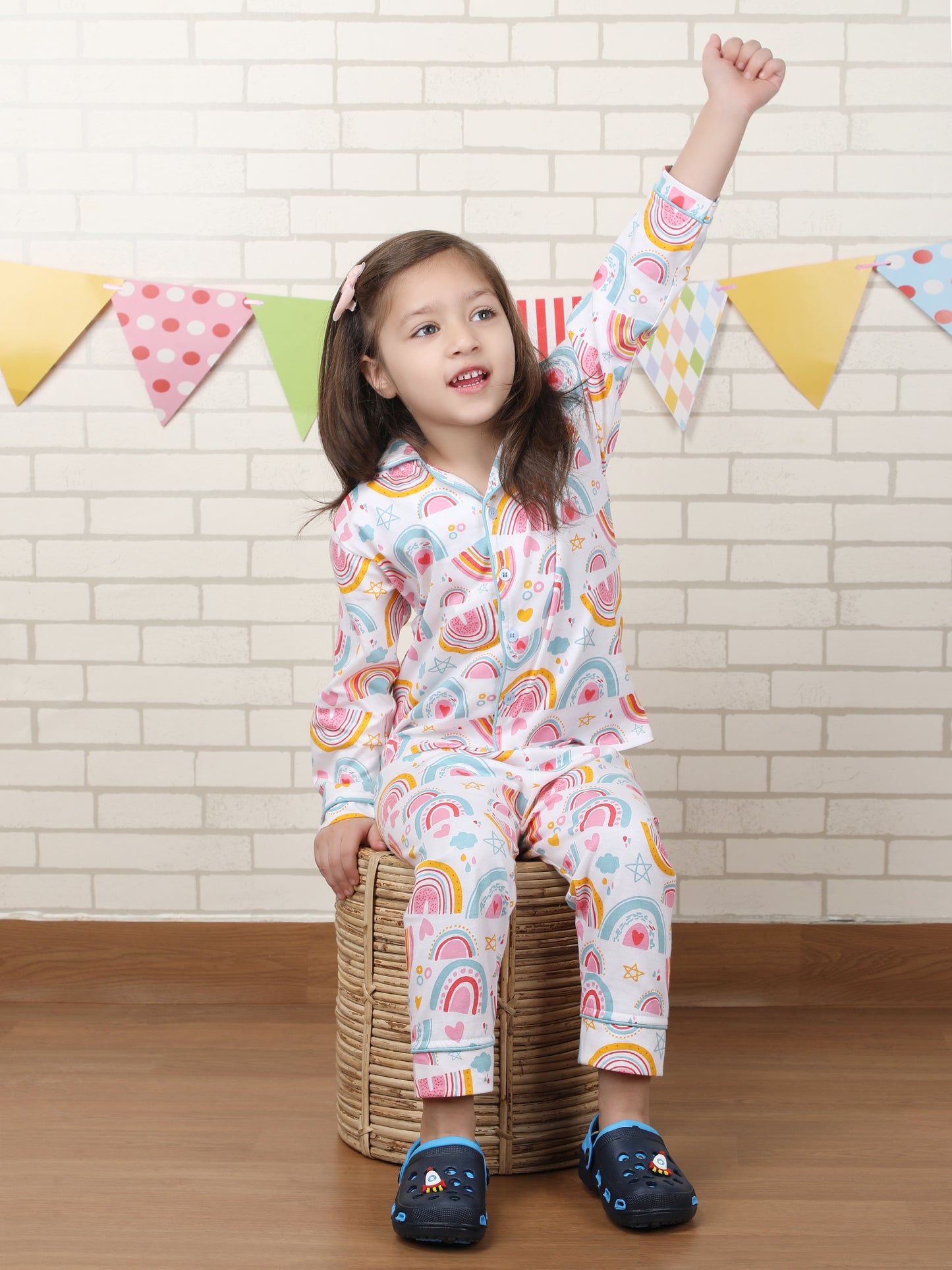 Polka Tots Full sleeve Rainbow print Night suit - Multicolor