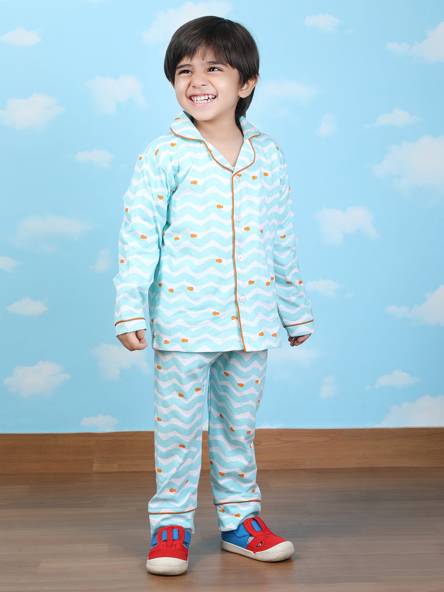 Polka Tots Full sleeve Fish print Night suit - Blue