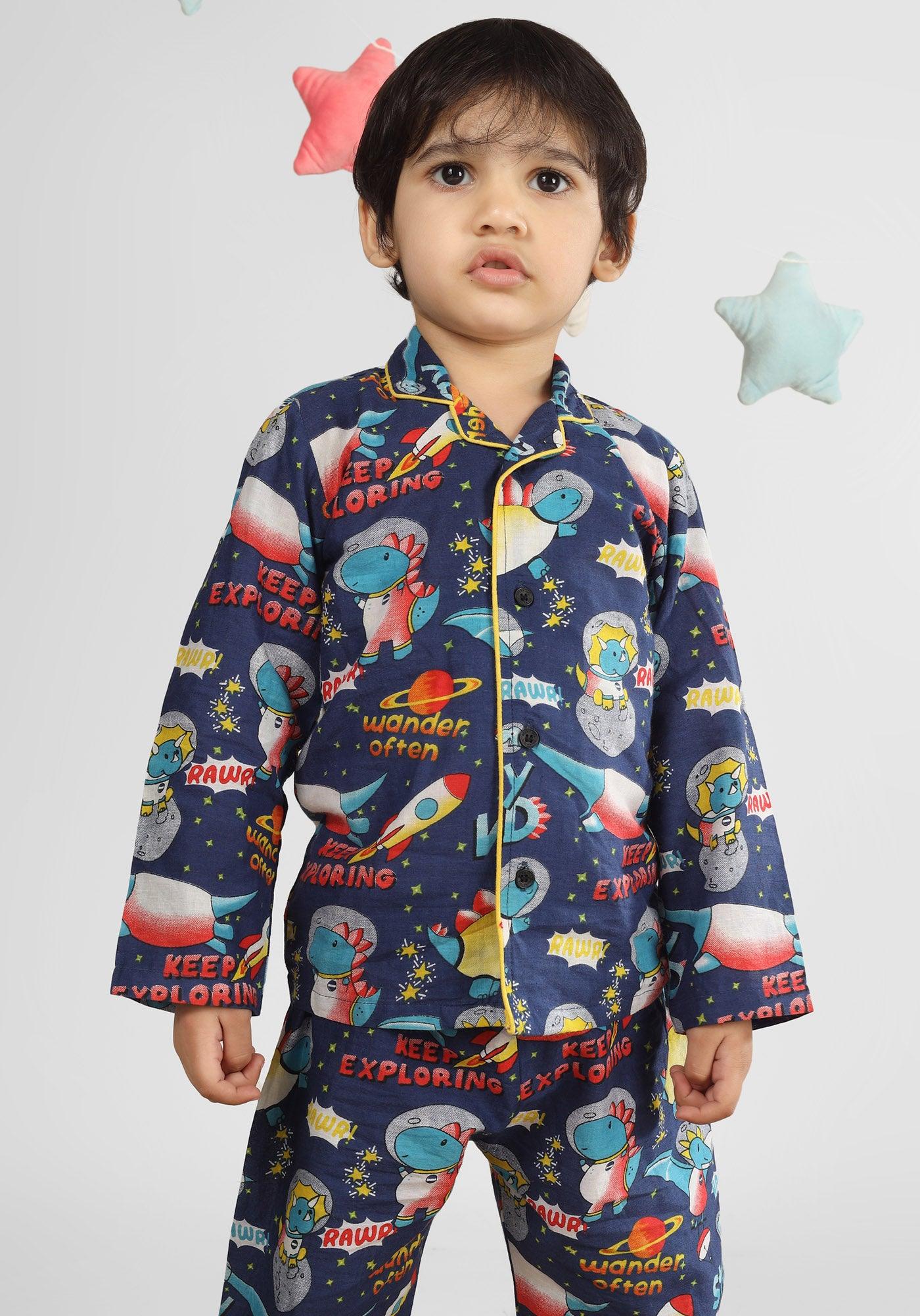 Polka Tots Full Sleeve Space print Night Suit - Blue