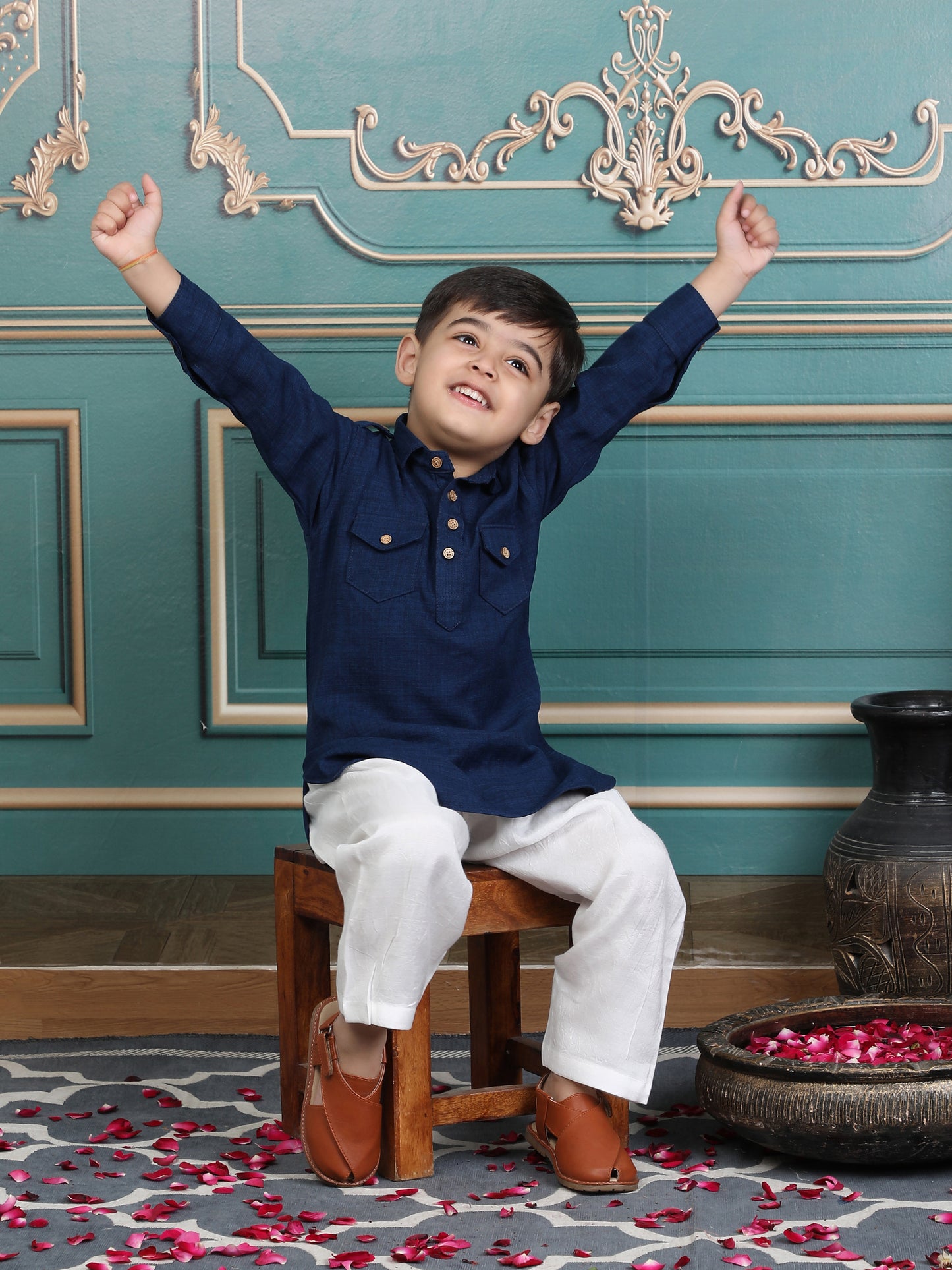 Polka Tots Full Sleeves Pathani Set - Blue