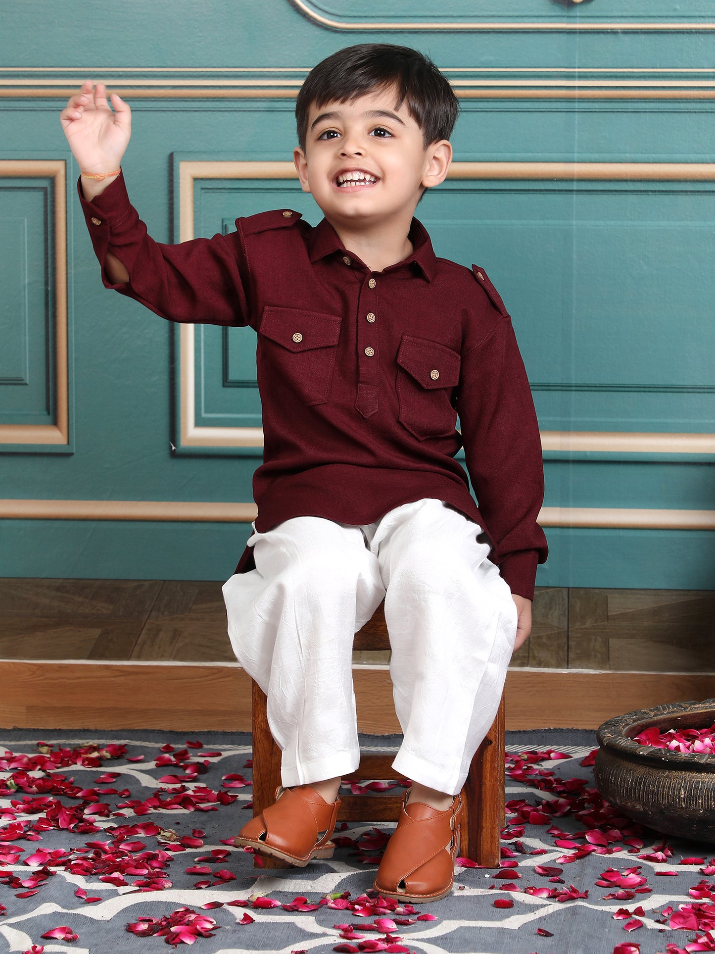 Polka Tots Full Sleeves Pathani Set - Maroon