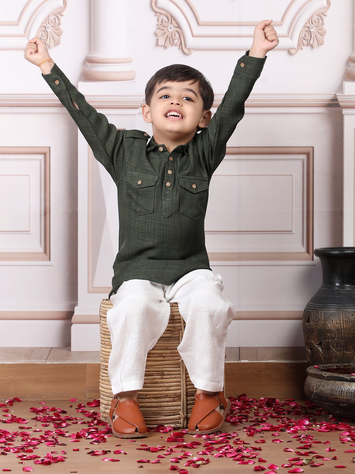 Polka Tots Full Sleeves Pathani Set - Green