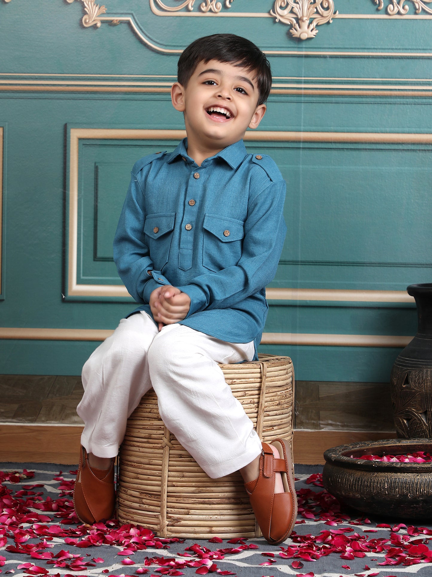 Polka Tots Full Sleeves Pathani Set - Turquoise