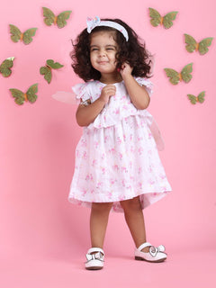 Polka Tots Sleeveless Flamingo Fingers print frock with headband - Multicolor