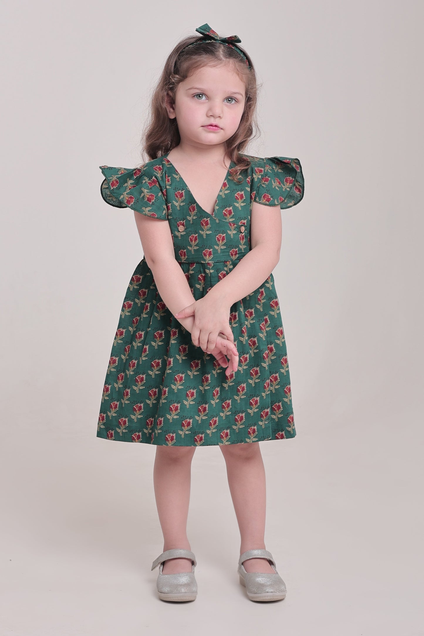 Polka Tots Half sleeve Floral print Frock with Headband - Dark Green