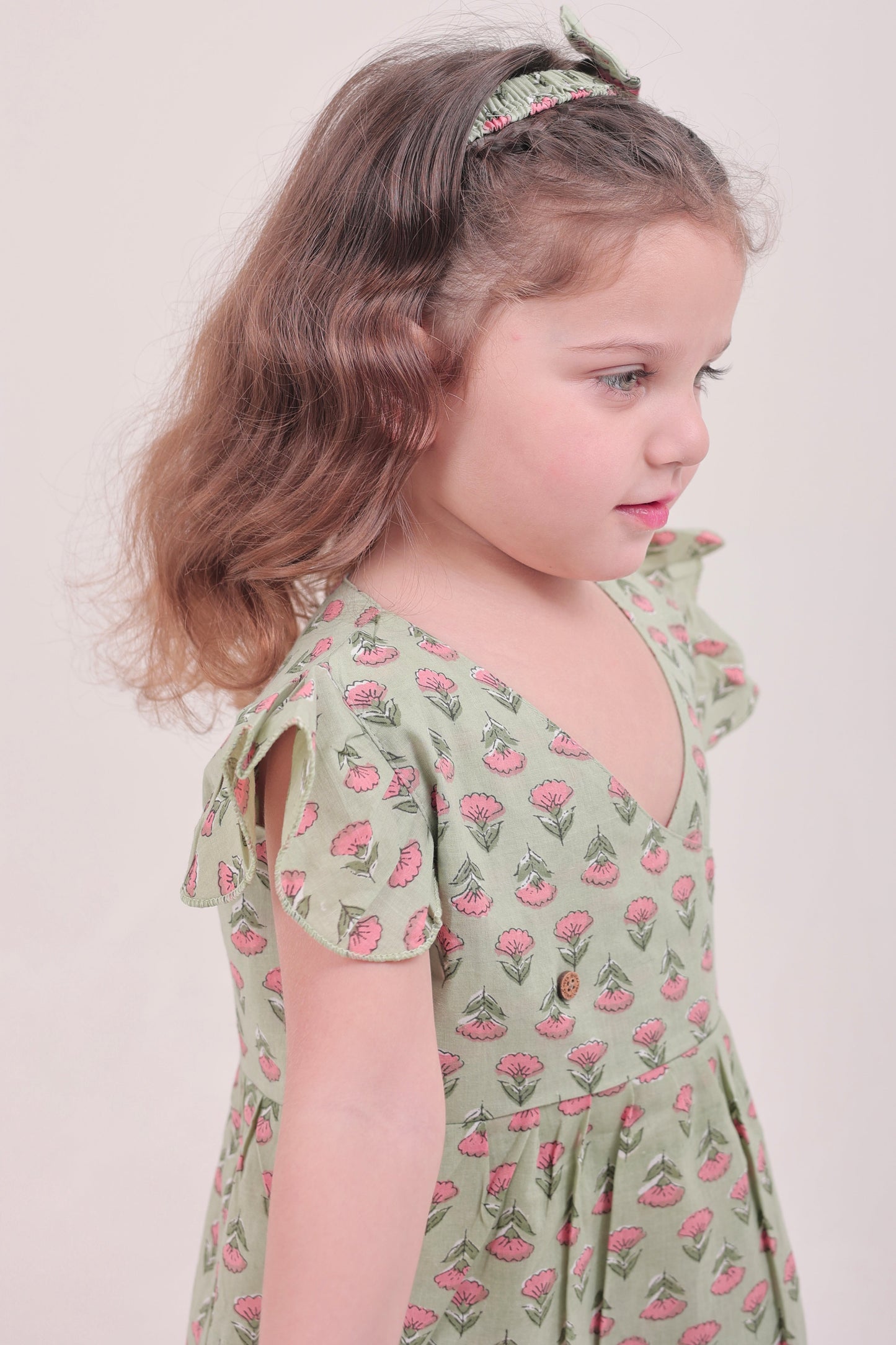 Polka Tots Half sleeve Floral print Frock with Headband - Green