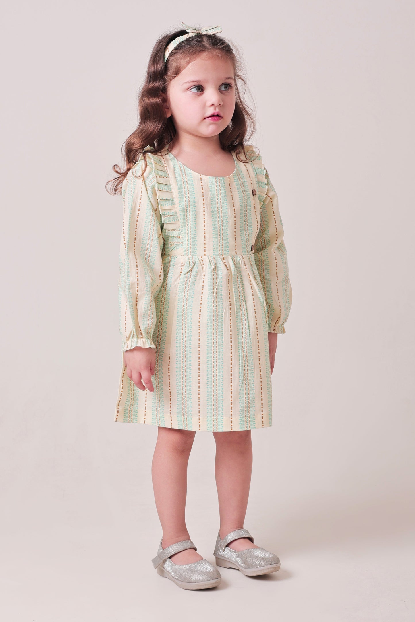 Polka Tots Full sleeve Stripe print Frock with Headband - Green