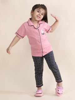 Polka Tots Half sleeves Swan Print Night Suit - Peach