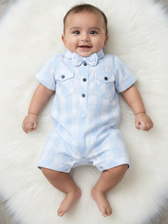 Polka Tots Half Sleeve Checks print Shirt Romper with Bow - Blue
