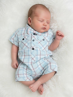 Polka Tots Half Sleeve Checks print Shirt Romper with Bow - Turquoise