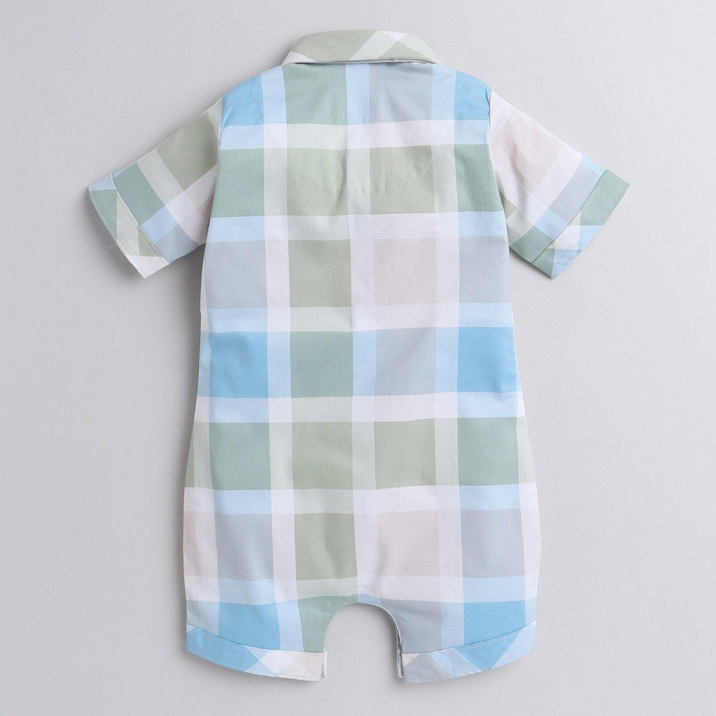 Polka Tots Cotton Half Sleeve Checks Party Wear Shirt Romper With Dual Bow - Pista Green & Blue