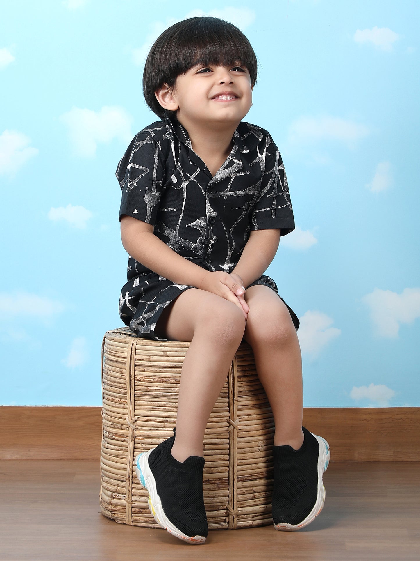 Polka Tots Half Sleeves Brush print Co-ords - Black