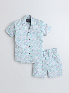 Polka Tots Cotton Half Sleeves Kids Shirt With Shorts, Co-ord Set All Over Print - Sky Blue