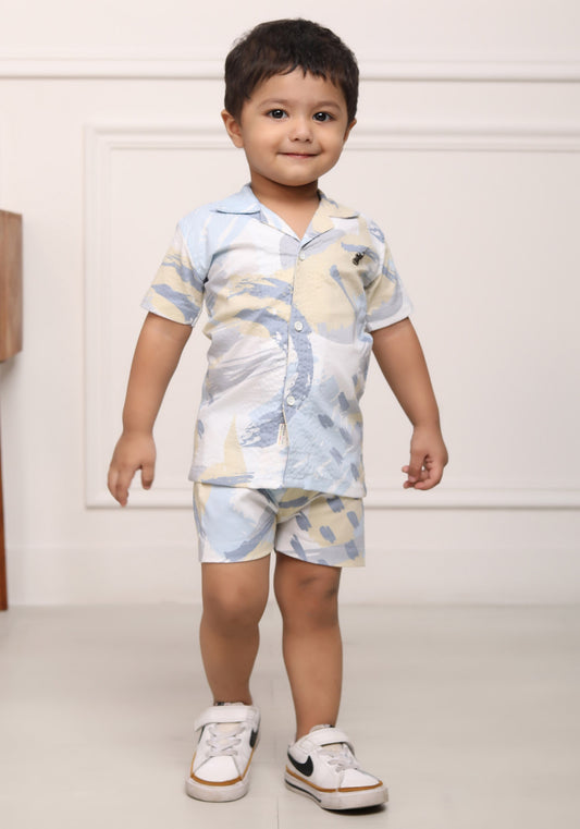 Polka Tots Cotton Half Sleeves Shirt With Shorts/Co-ord - Blue and Yellow