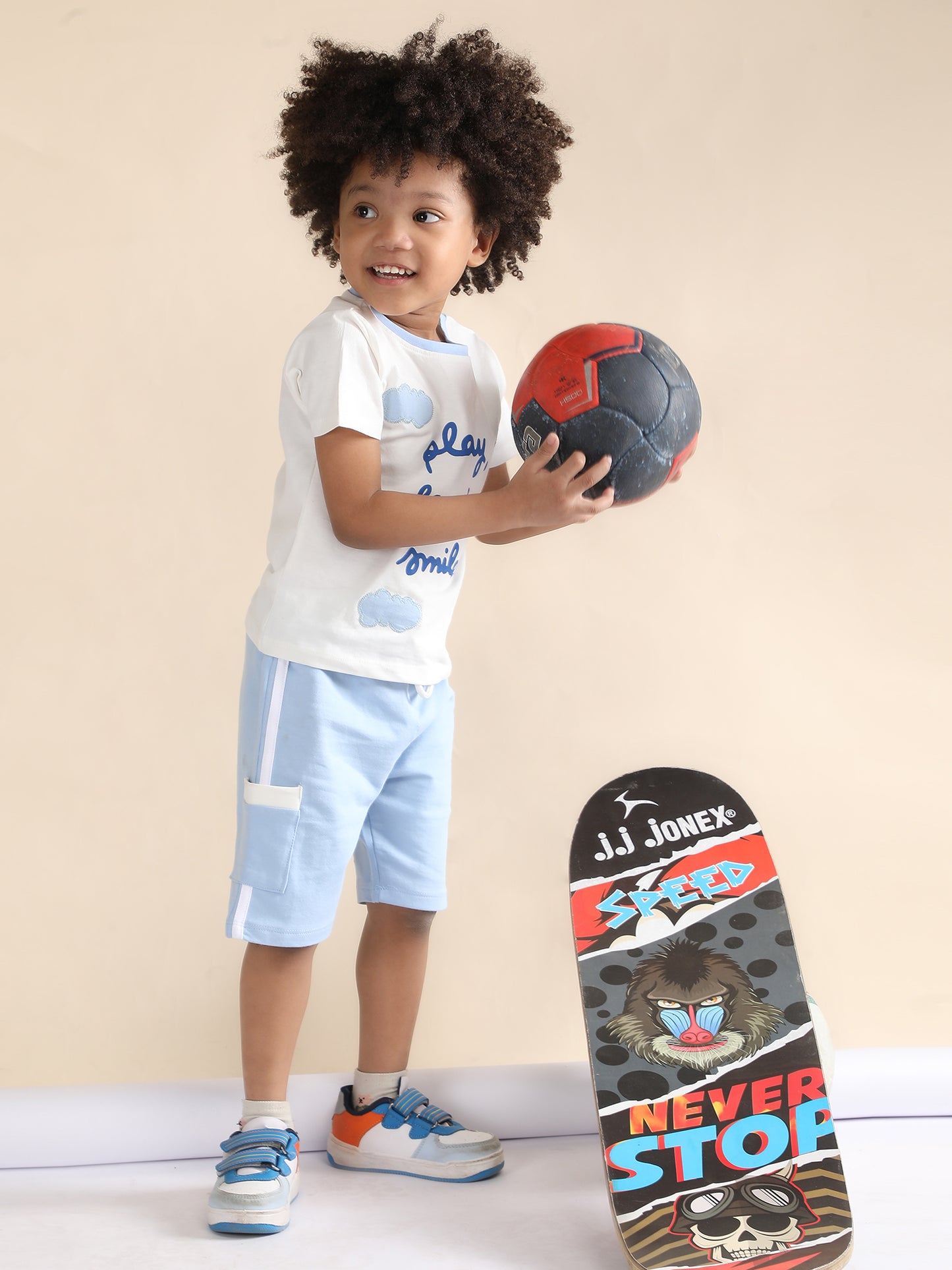 Polka Tots Half Sleeves Play, Laugh & Smile Print T-Shirt Shorts - White and Blue