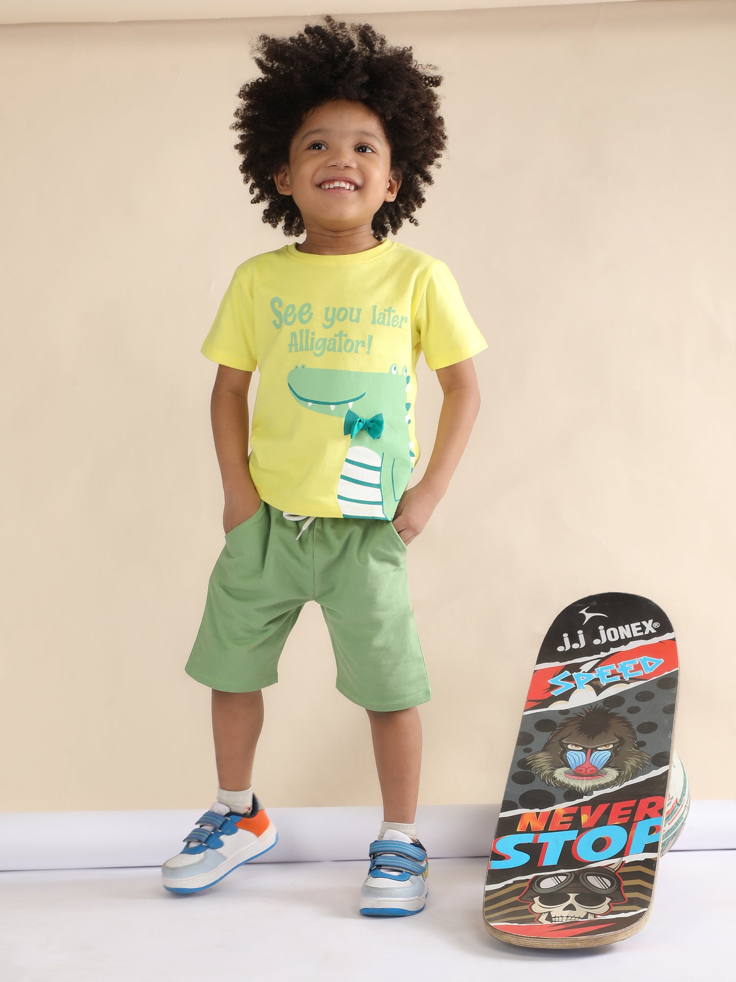 Polka Tots Half Sleeves Alligator print T-Shirt Shorts - Yellow and Green