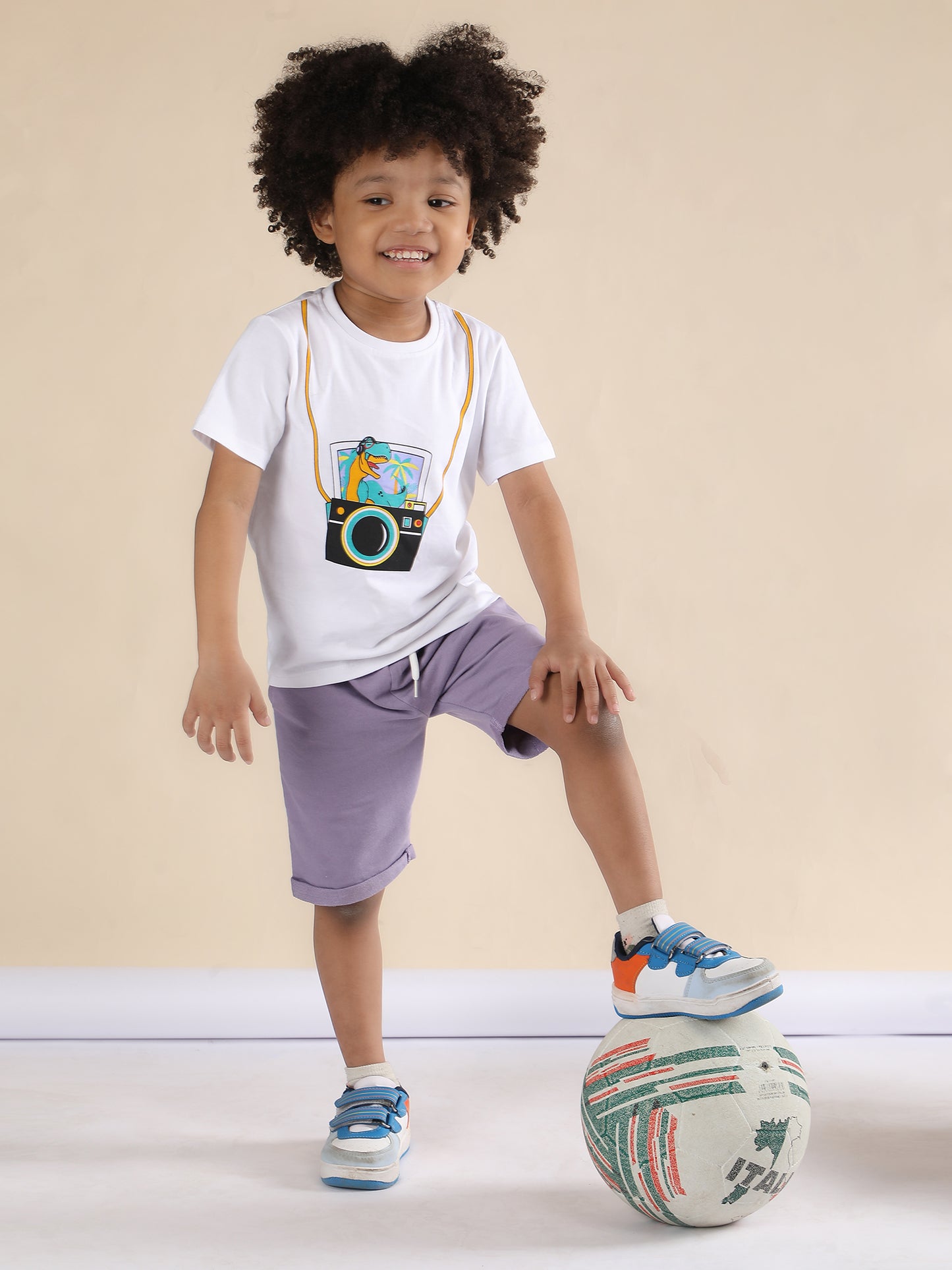 Polka Tots Half Sleeves Camera print T-Shirt Shorts - White and Purple