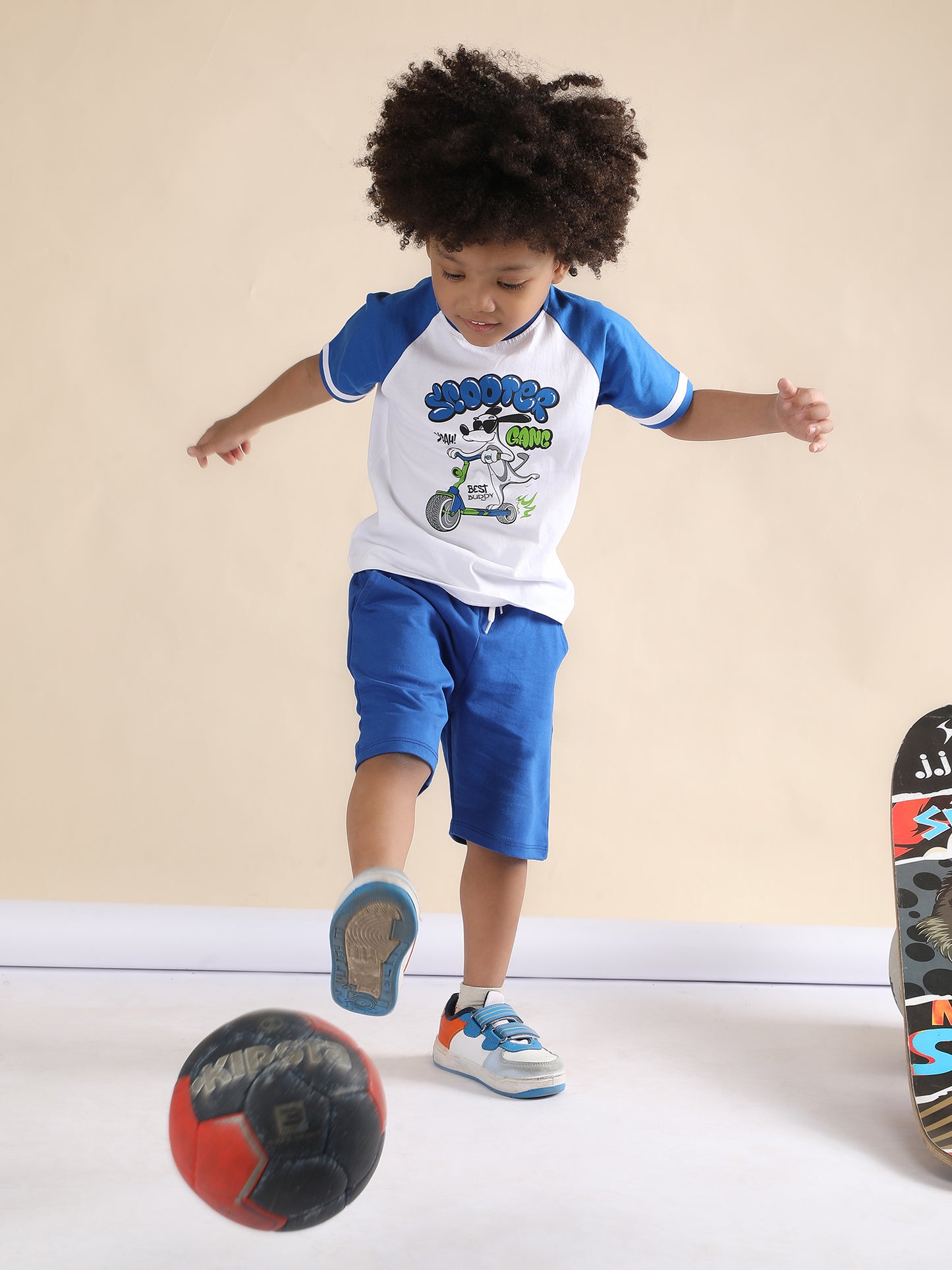 Polka Tots Half Sleeves Scooter Gang print T-Shirt Shorts - White and Blue