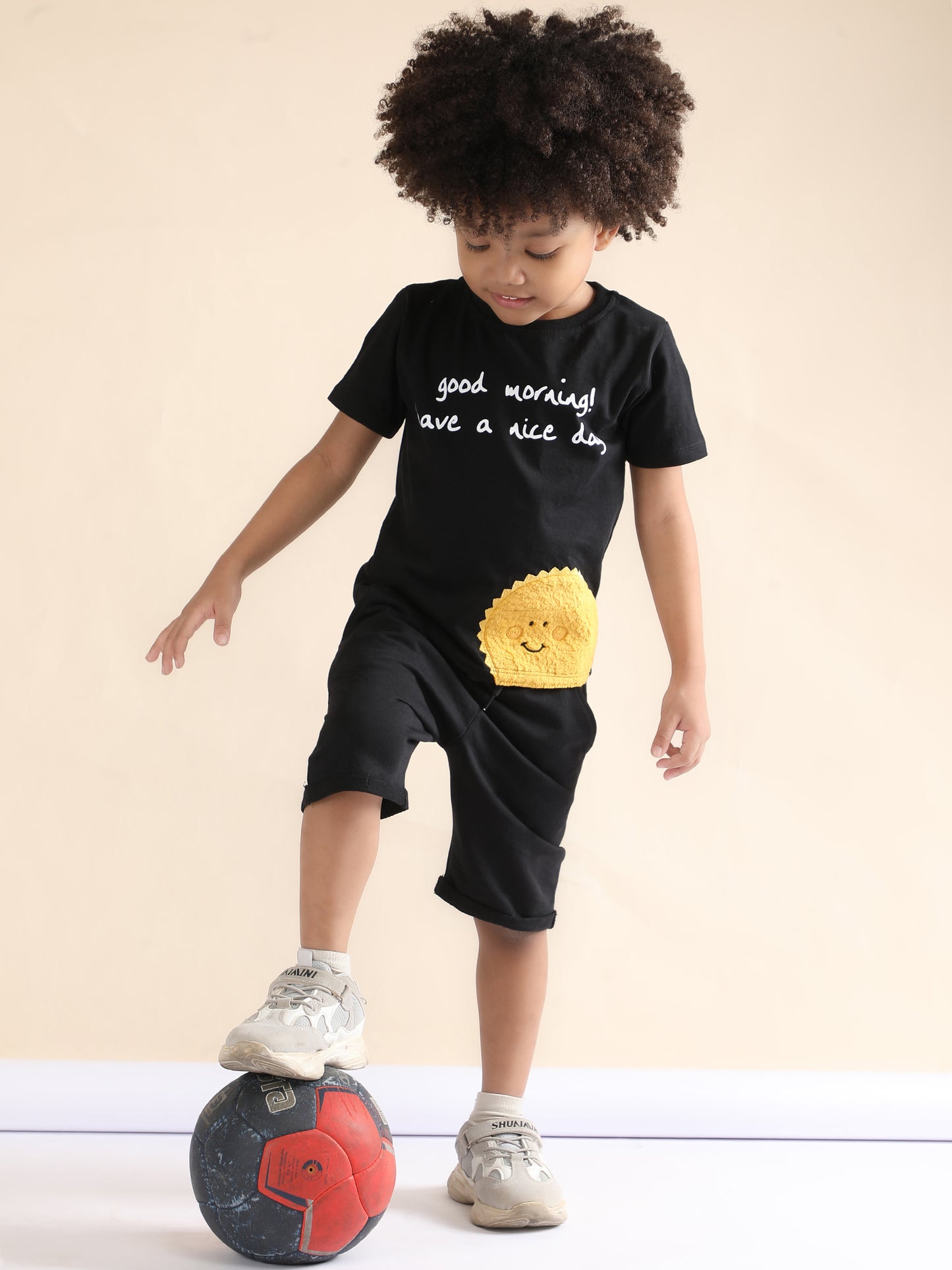 Polka Tots Half Sleeves Sun Patch T-Shirt Shorts - Black