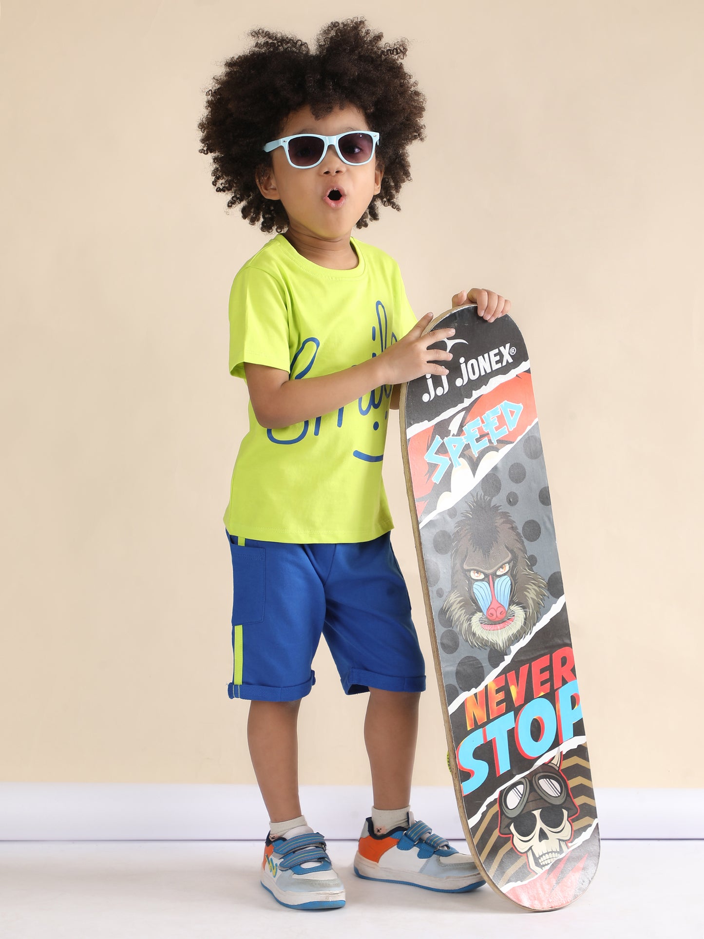 Polka Tots Half Sleeves Smile print T-Shirt Shorts - Neon and Blue