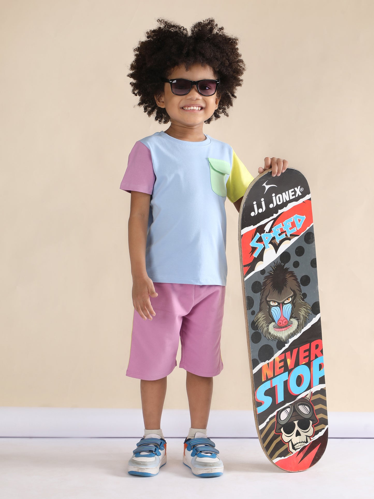 Polka Tots Half Sleeves Colorblock T-Shirt Shorts - Multicolor