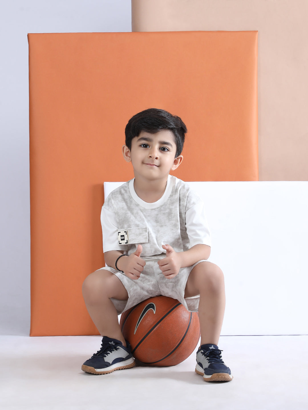 Polka Tots Half Sleeves Tie-Dye T-Shirt Shorts with Pocket Detail - Grey