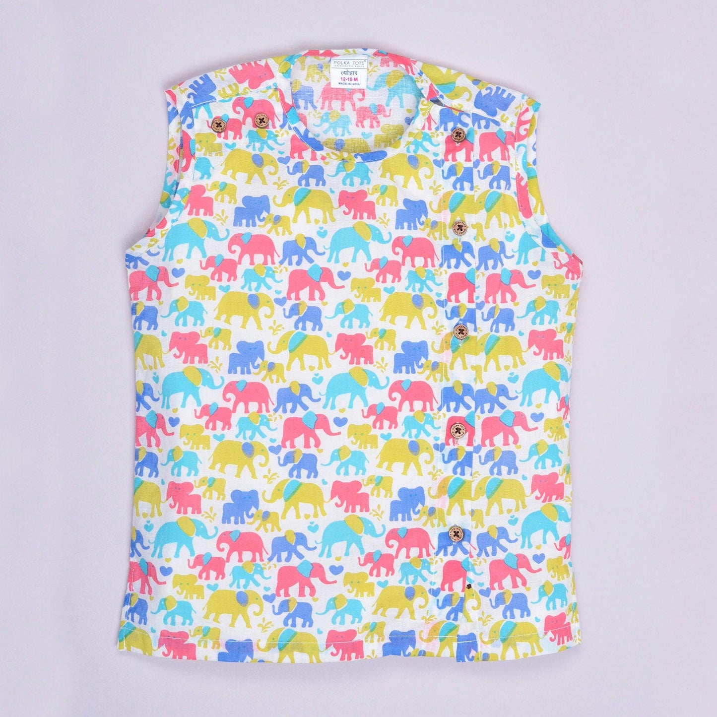 Polka Tots Elephant Print Sleeveless Jhabla and Pant Set - White & Purple