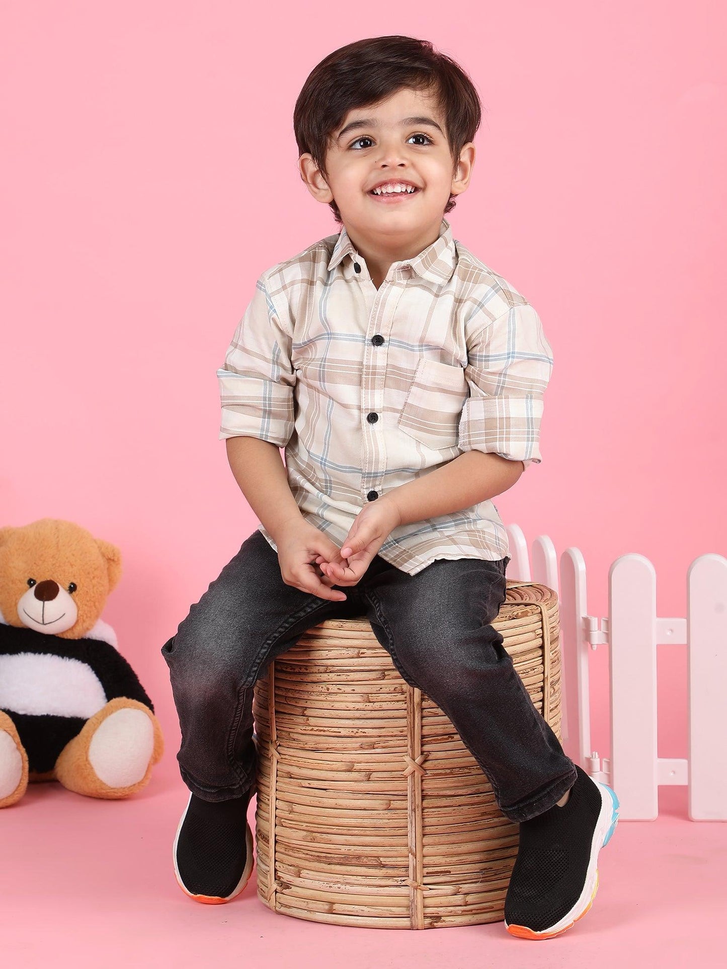 Polka Tots Full Sleeves Bearly Awake print Kids Shirt - Beige