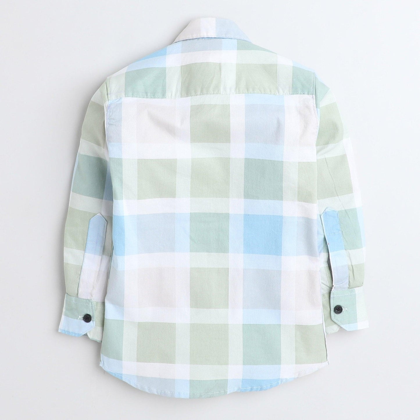 Polka Tots Cotton Full Sleeves Big Check Kids Shirt With Polka Tots Pocket Print - Cream and Green