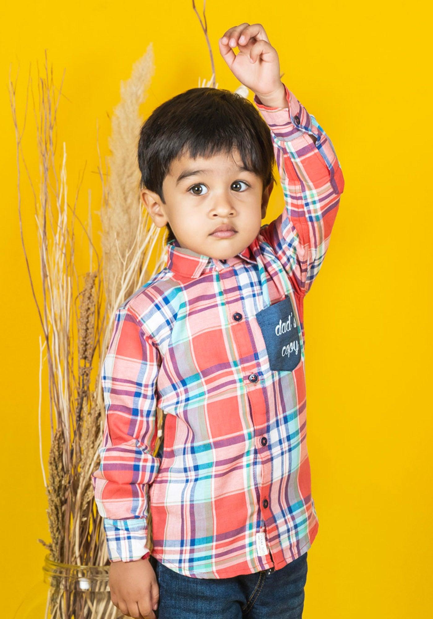 Polka Tots Full Sleeves Dads Copy print Checks Shirt - Coral